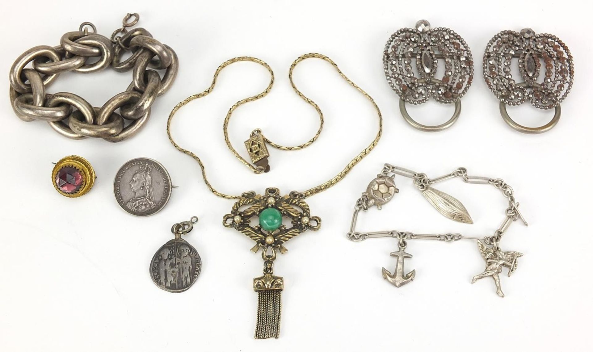 Antique and later jewellery including cut steel, silver charm bracelet, 1887 coin brooch and a large
