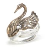 Novelty silver and cut glass salt in the form of a swan with articulated wings, 7cm in length