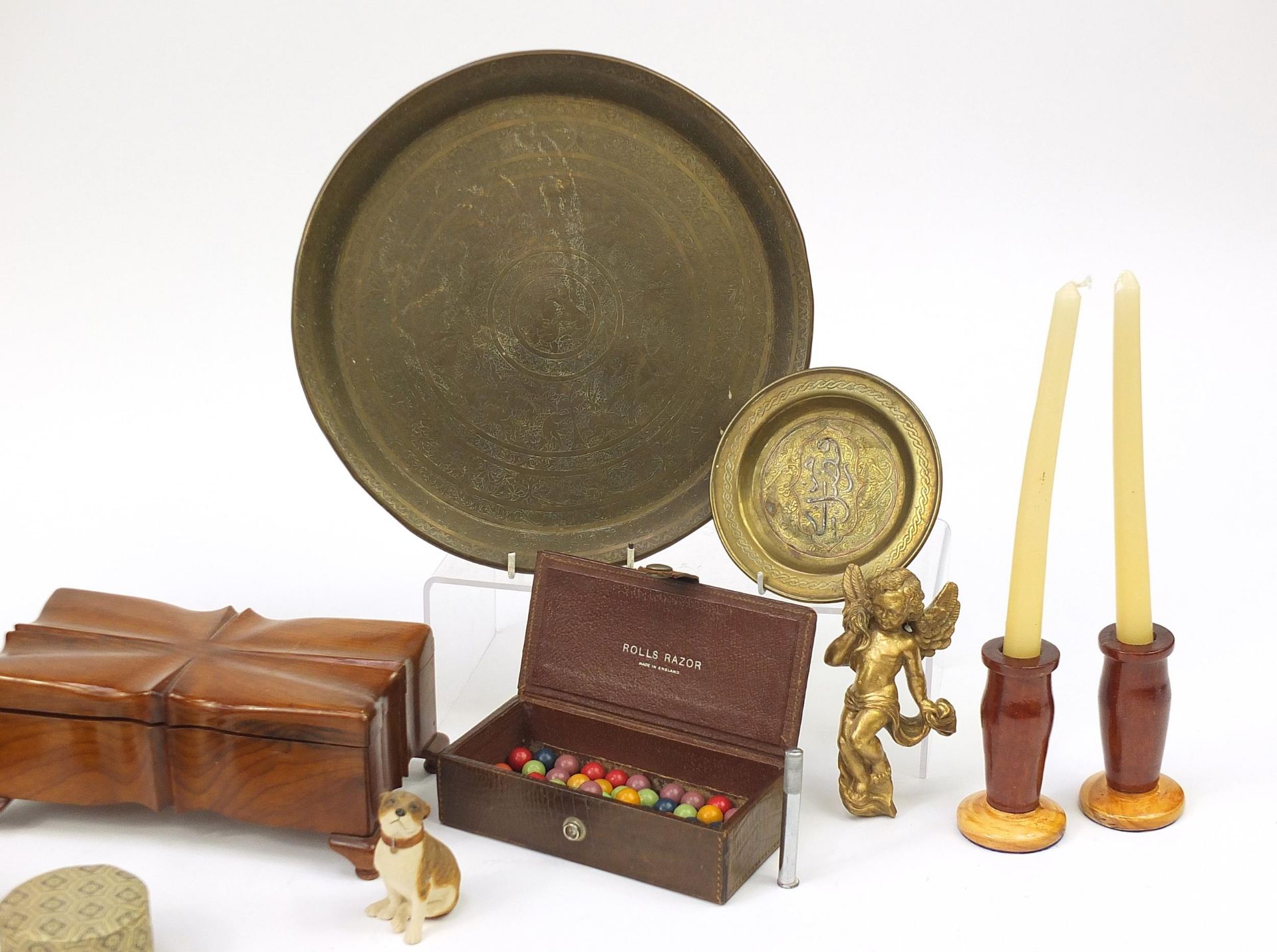 Sundry items including dogs, brass trays, cherubs and wooden box, the largest 30cm in diameter - Image 4 of 4