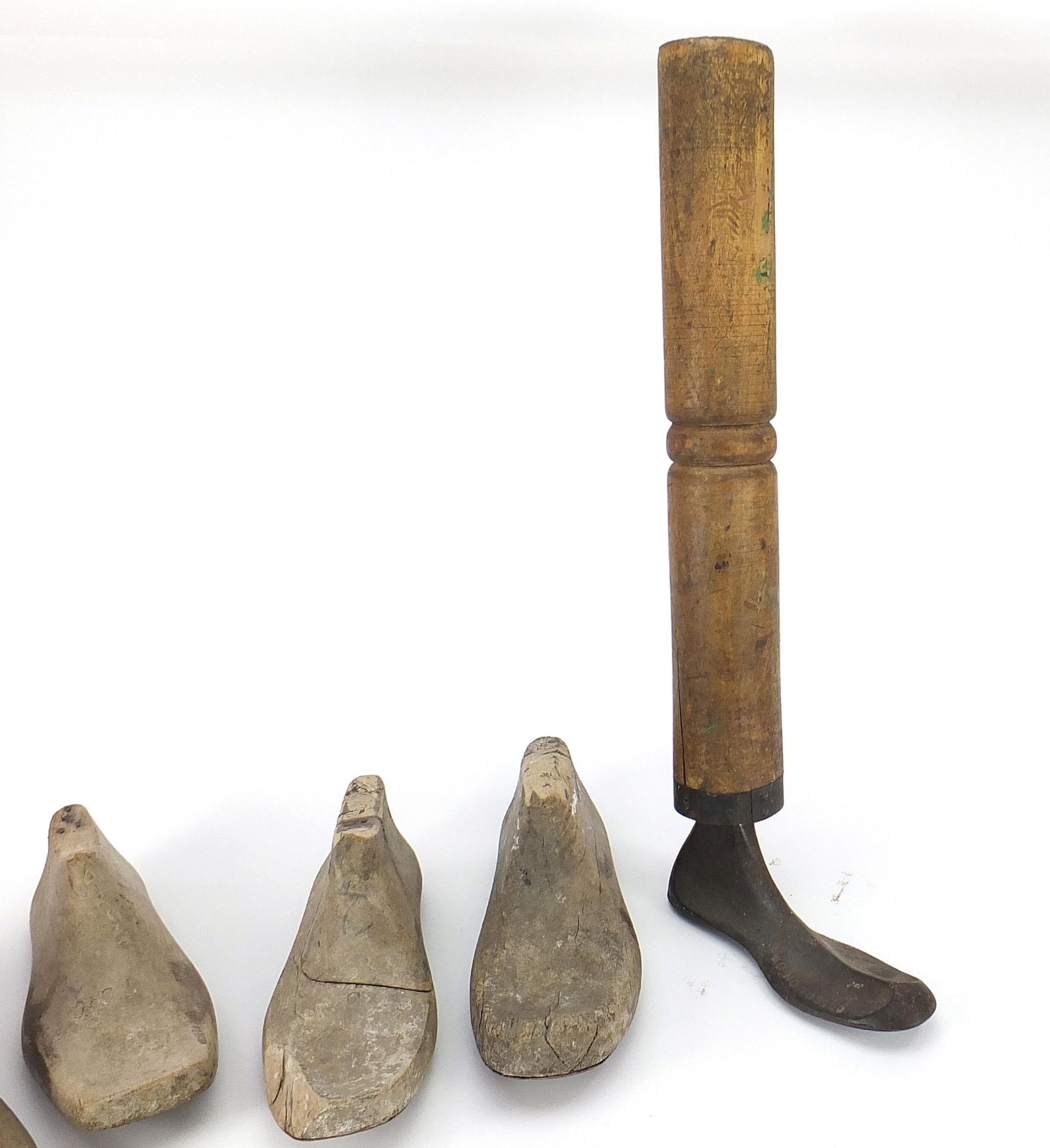 Four antique wooden shoe lasts and a bootmaker's last, the largest 56cm high - Image 3 of 5