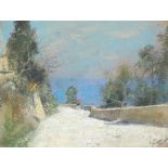 Figure on a path beside water, continental pastel, bearing a monogram C M, indistinctly inscribed,