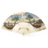 19th century ivory hand painted fan depicting fishermen on a riverbank, the fan 50cm wide when