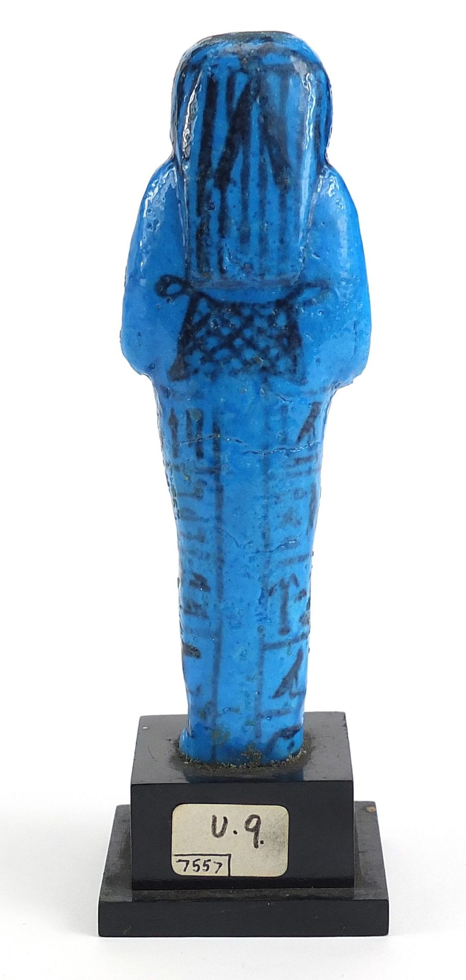 Egyptian blue faience glazed stone ushabti hand painted with hieroglyphics, raised on a later - Image 4 of 7