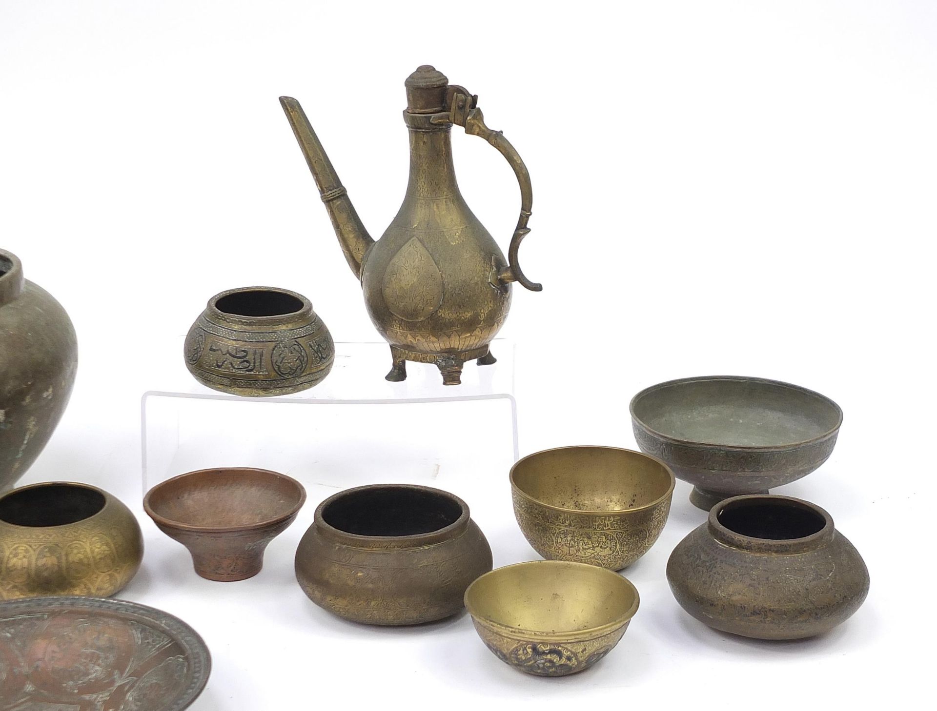 Indian, Islamic and Persian metalware, some with silver inlay including water pot, bowls and dishes, - Image 4 of 4