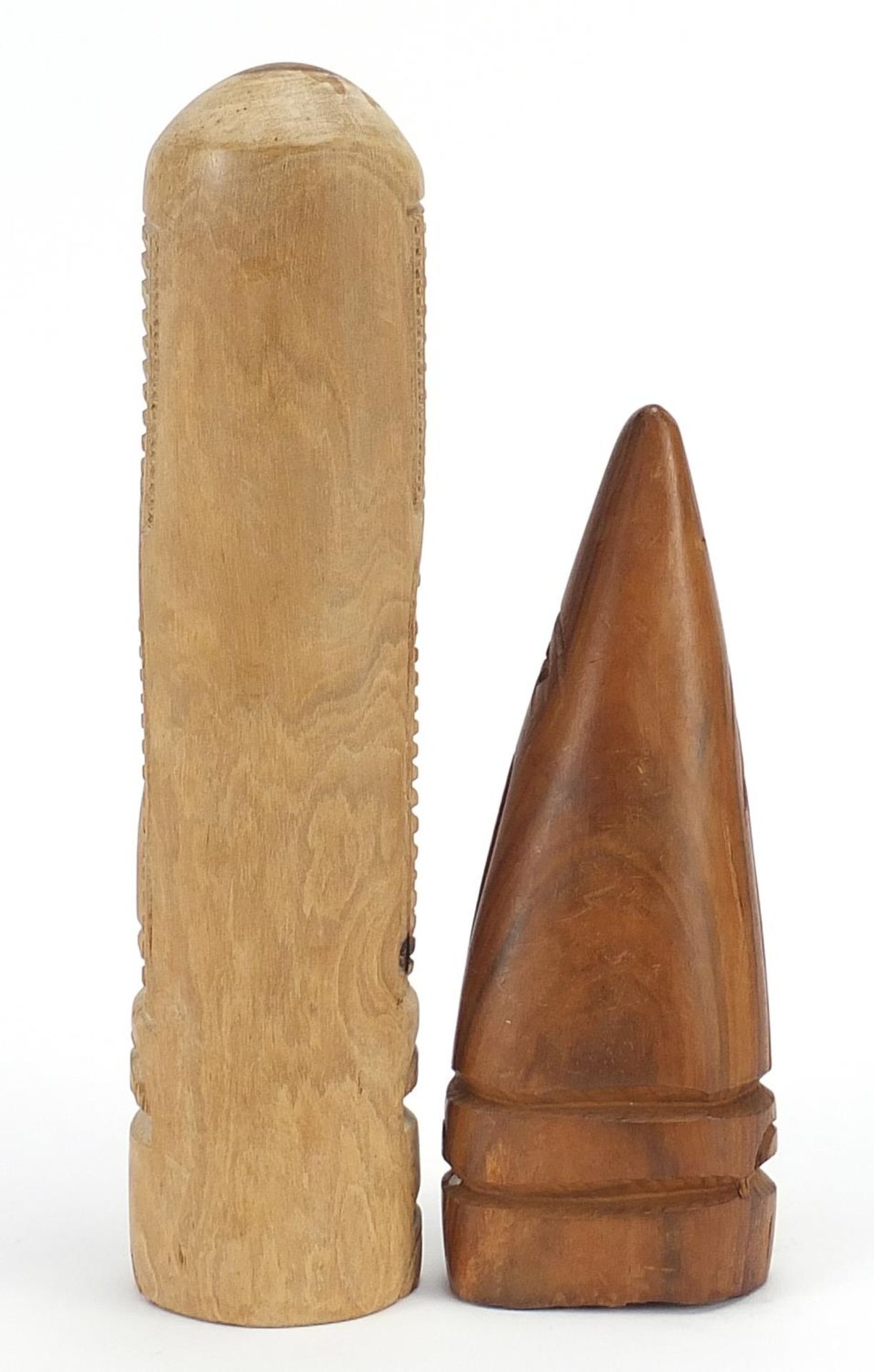 Two carved wood totems, the largest 30cm high - Image 2 of 3