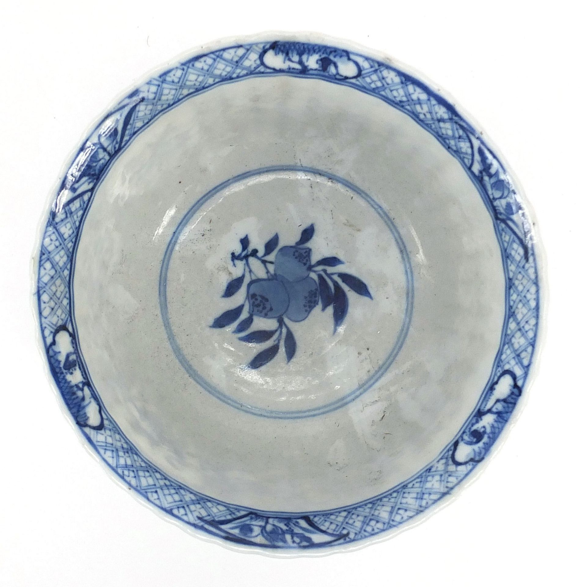 Chinese blue and white porcelain bowl, hand painted with figures holding vases and birds amongst - Image 6 of 9