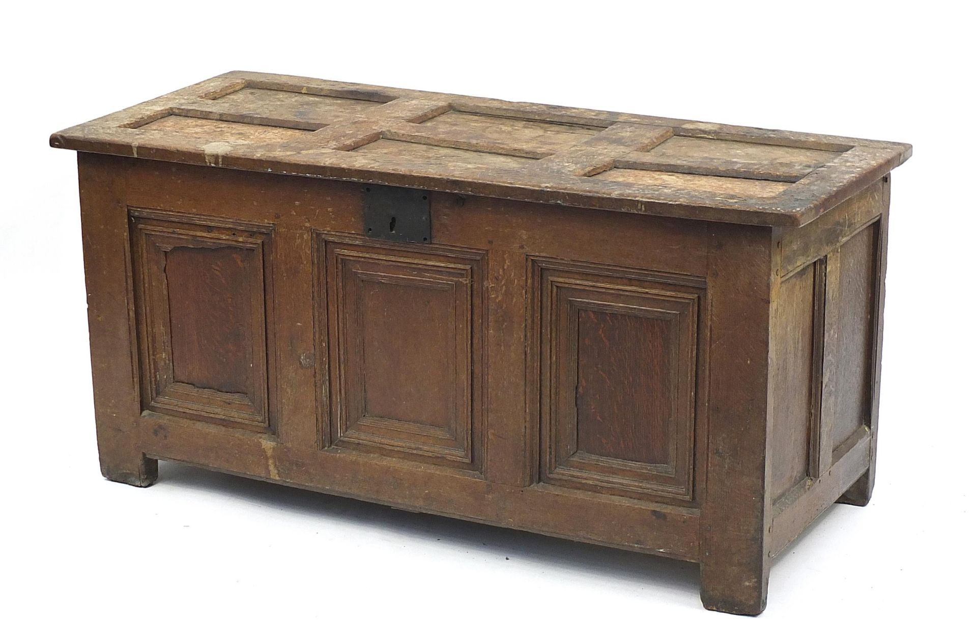 Antique oak three panel coffer, 57cm H x 117cm W x 50cm D