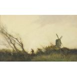 William Tatton Winter - Figure and trees beside a windmill, watercolour, J H Steer label verso,