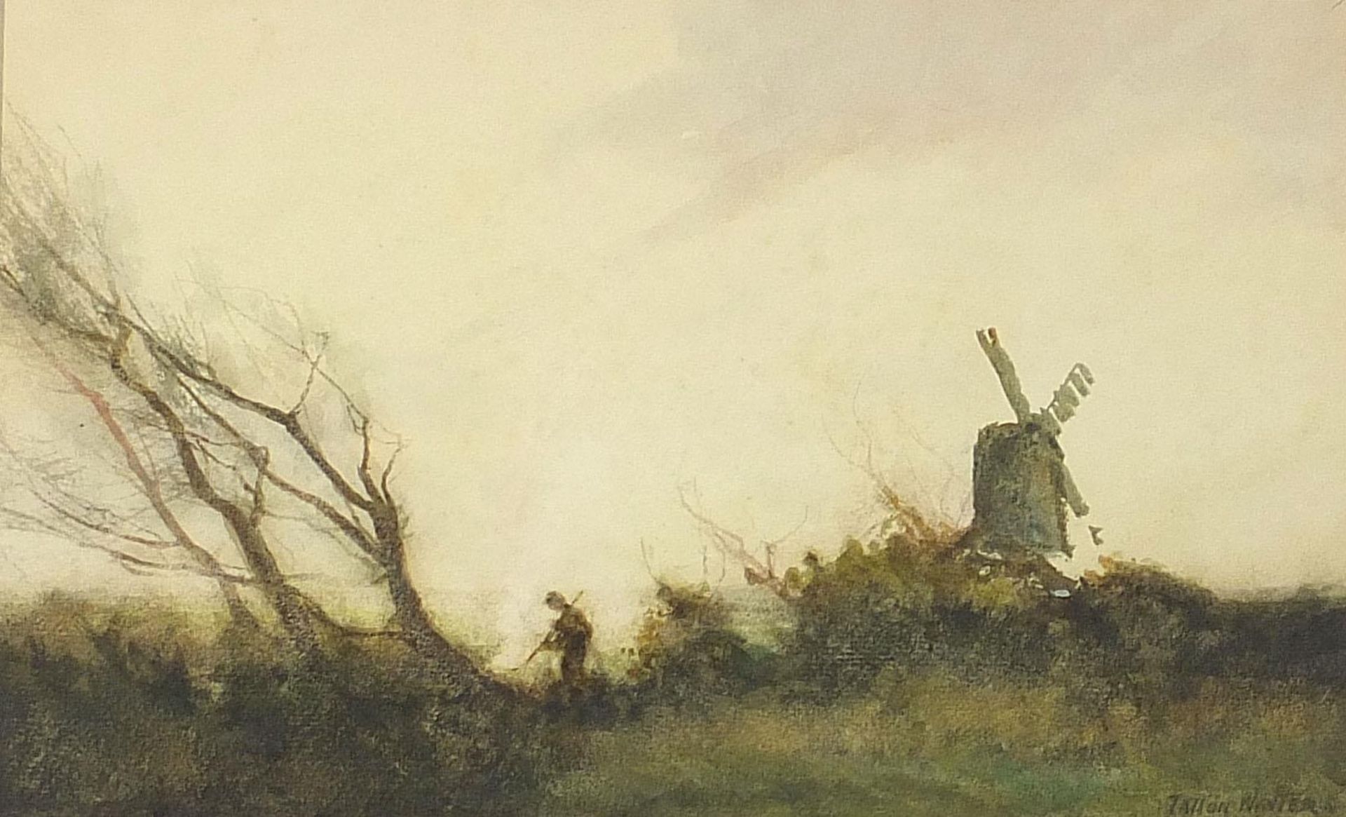William Tatton Winter - Figure and trees beside a windmill, watercolour, J H Steer label verso,