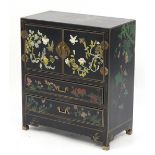 Chinese hand painted black lacquered side cabinet with stone inlay depicting birds amongst