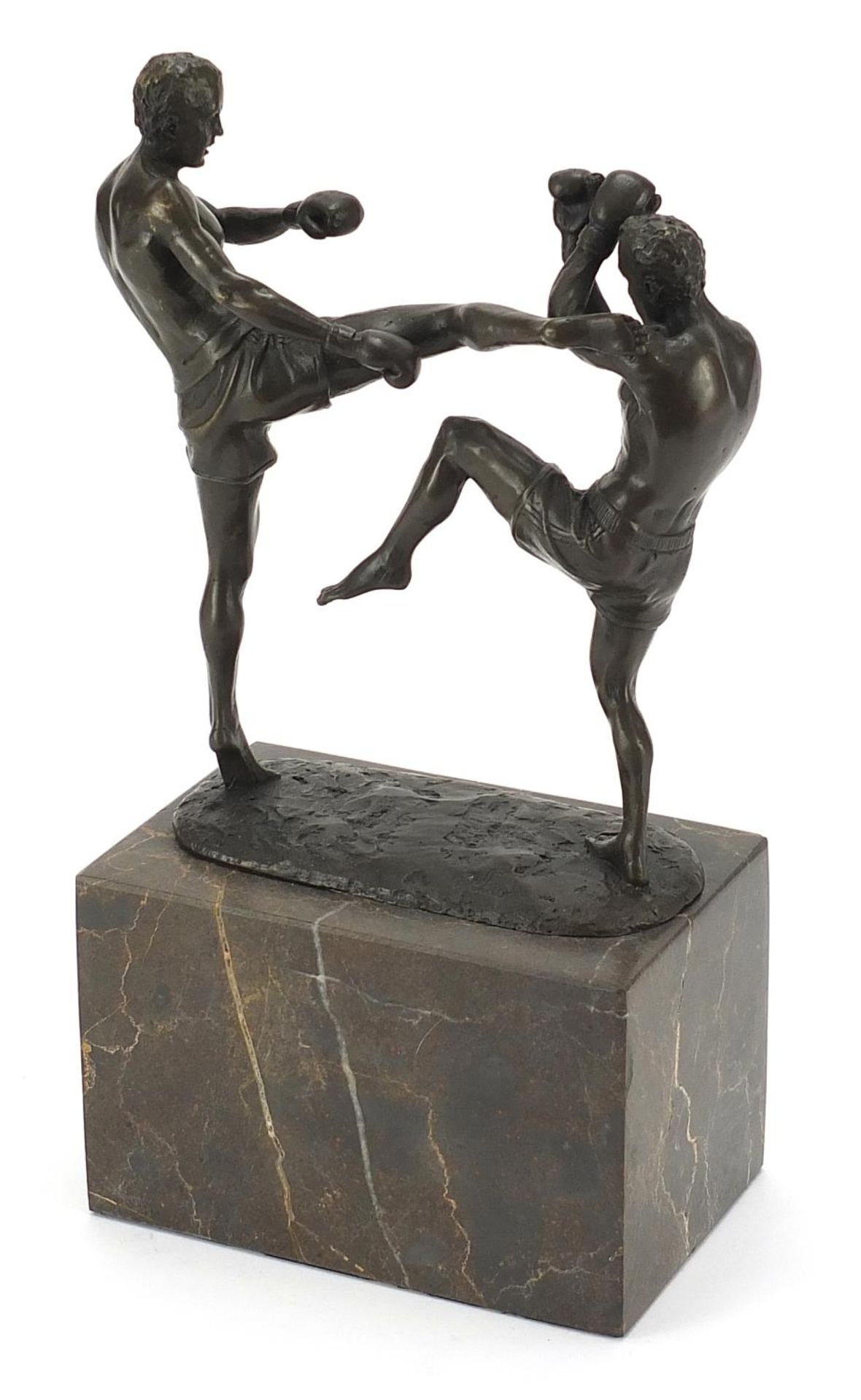 Patinated bronze study of two mixed martial artists raised on a rectangular marble base, 26cm high - Image 2 of 3