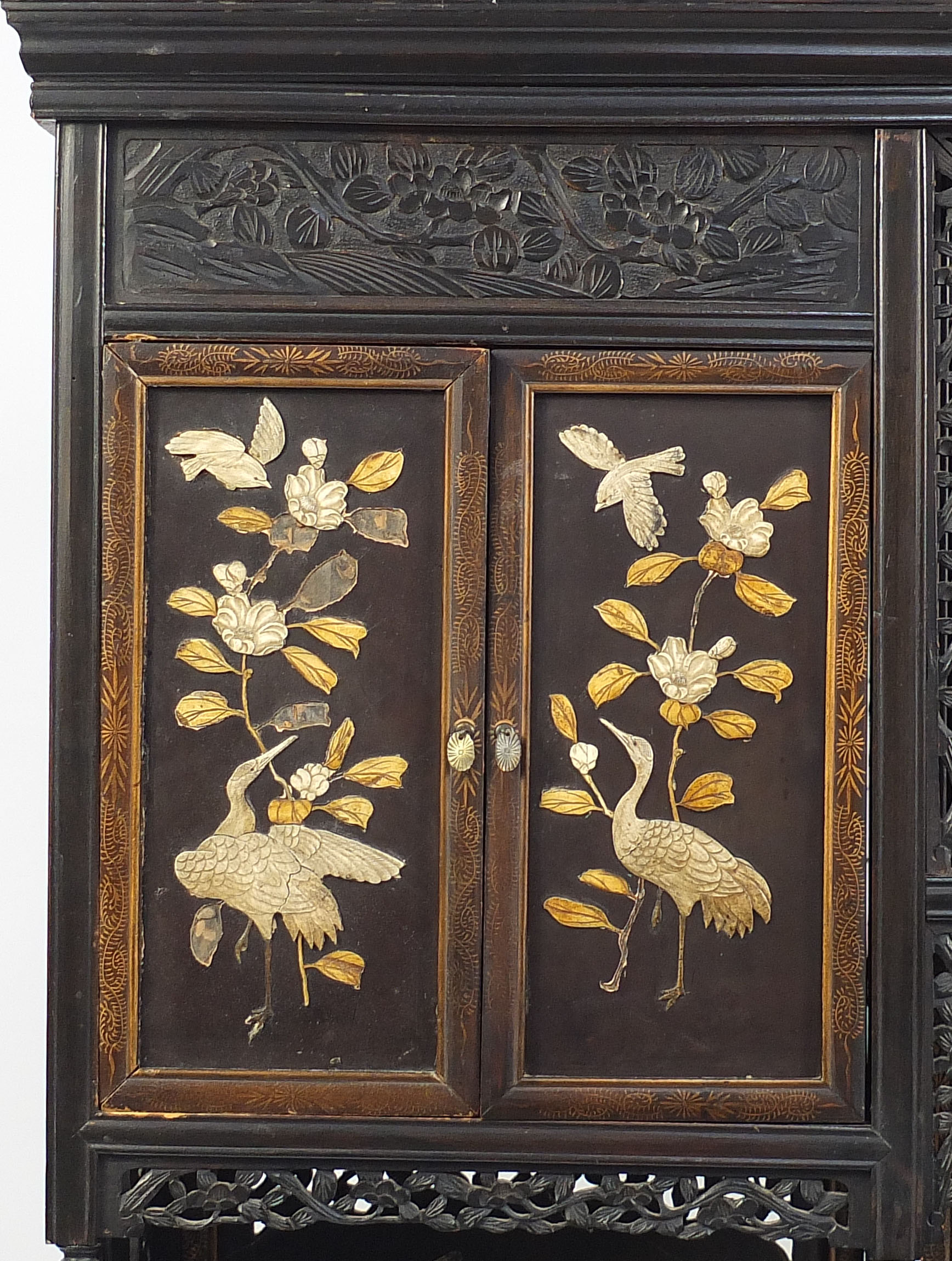 Japanese carved hardwood Shibayama cabinet inlaid with birds amongst flowers and figures, 188cm H