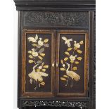 Japanese carved hardwood Shibayama cabinet inlaid with birds amongst flowers and figures, 188cm H