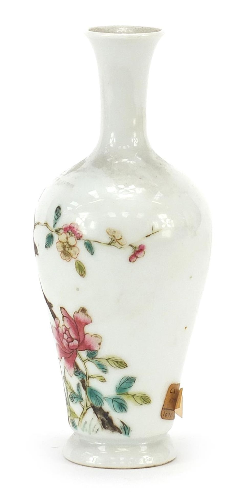 Chinese porcelain vase hand painted in the famille rose palette with a bird amongst flowers, four - Image 2 of 8