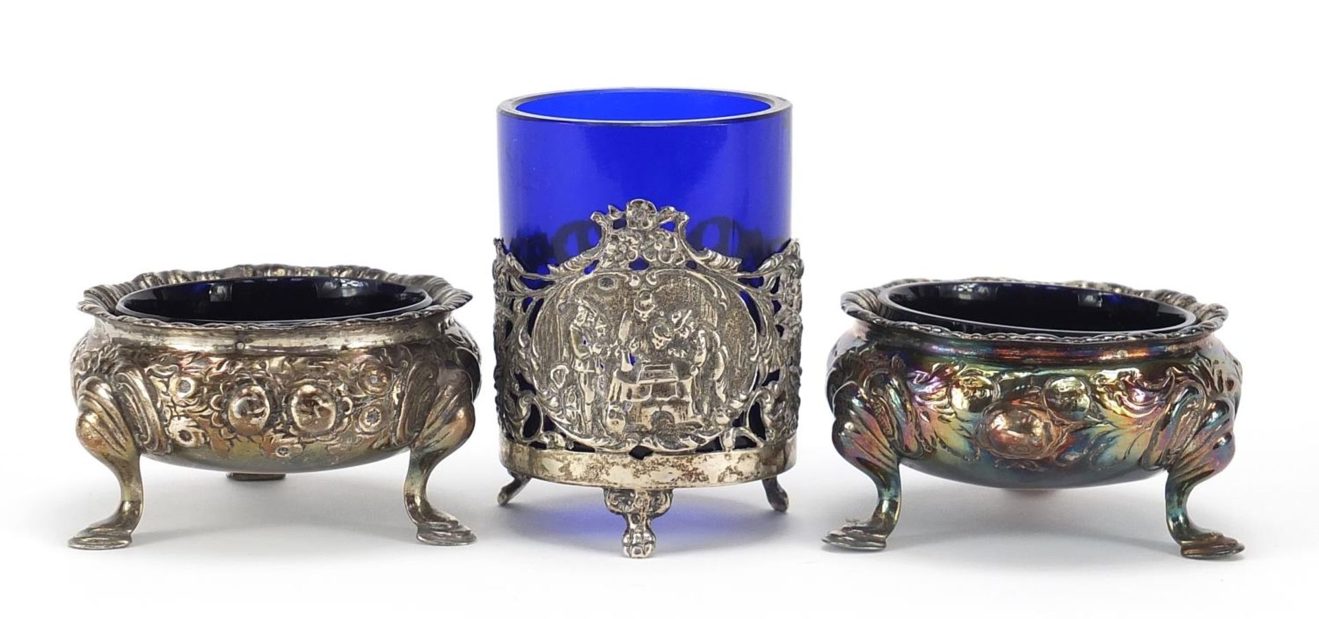 Pair of Victorian silver open salts and one other, each with blue glass liners, the largest 7.5cm