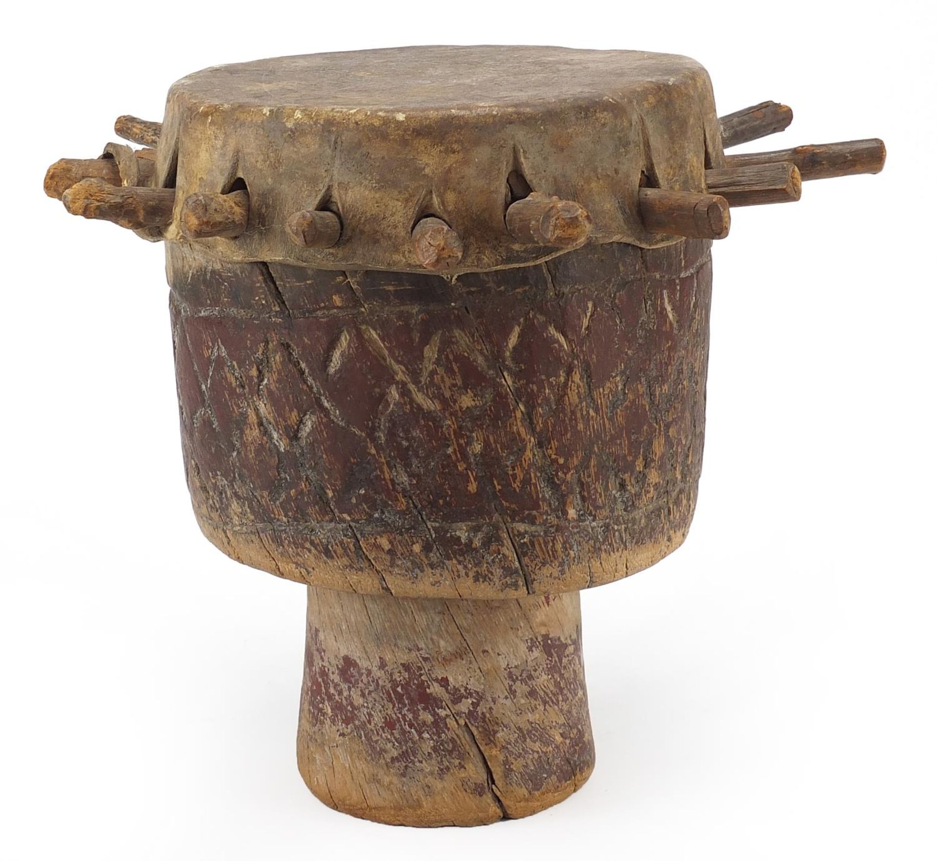 Tribal interest drum carved with geometric motifs, 29cm high - Image 3 of 4