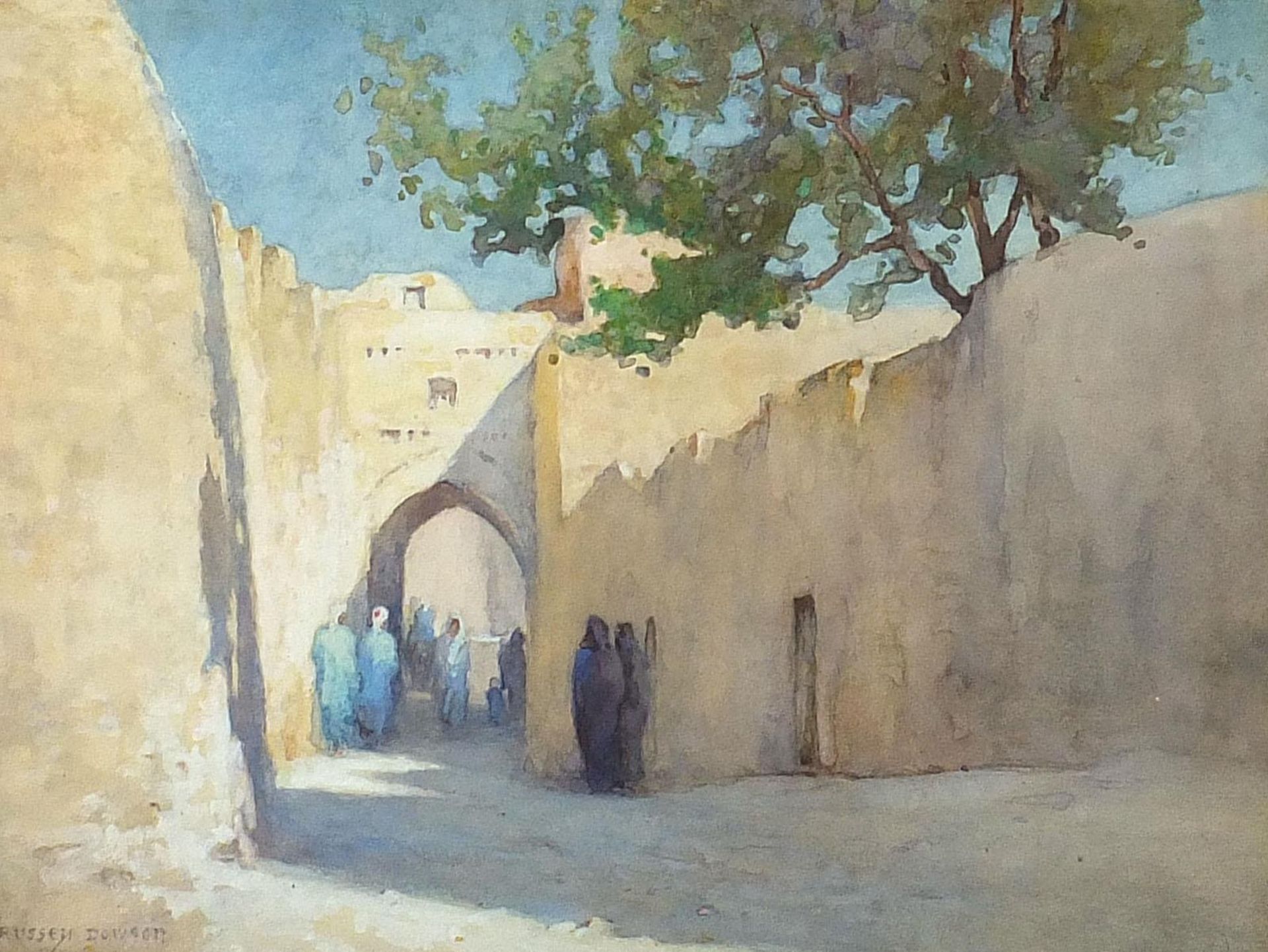 Russell Dowson - Middle Eastern street scene with figures, watercolour, mounted, framed and