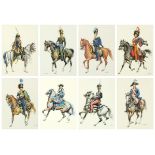 Soldiers on horseback, set of eight military interest prints in colour, each indistinctly signed,