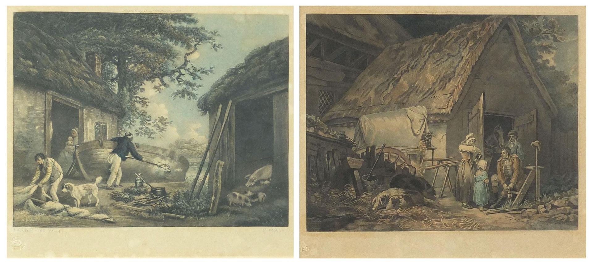 George Morland - Tarring the boat and figures before a barn, pair of prints in colour, one pencil