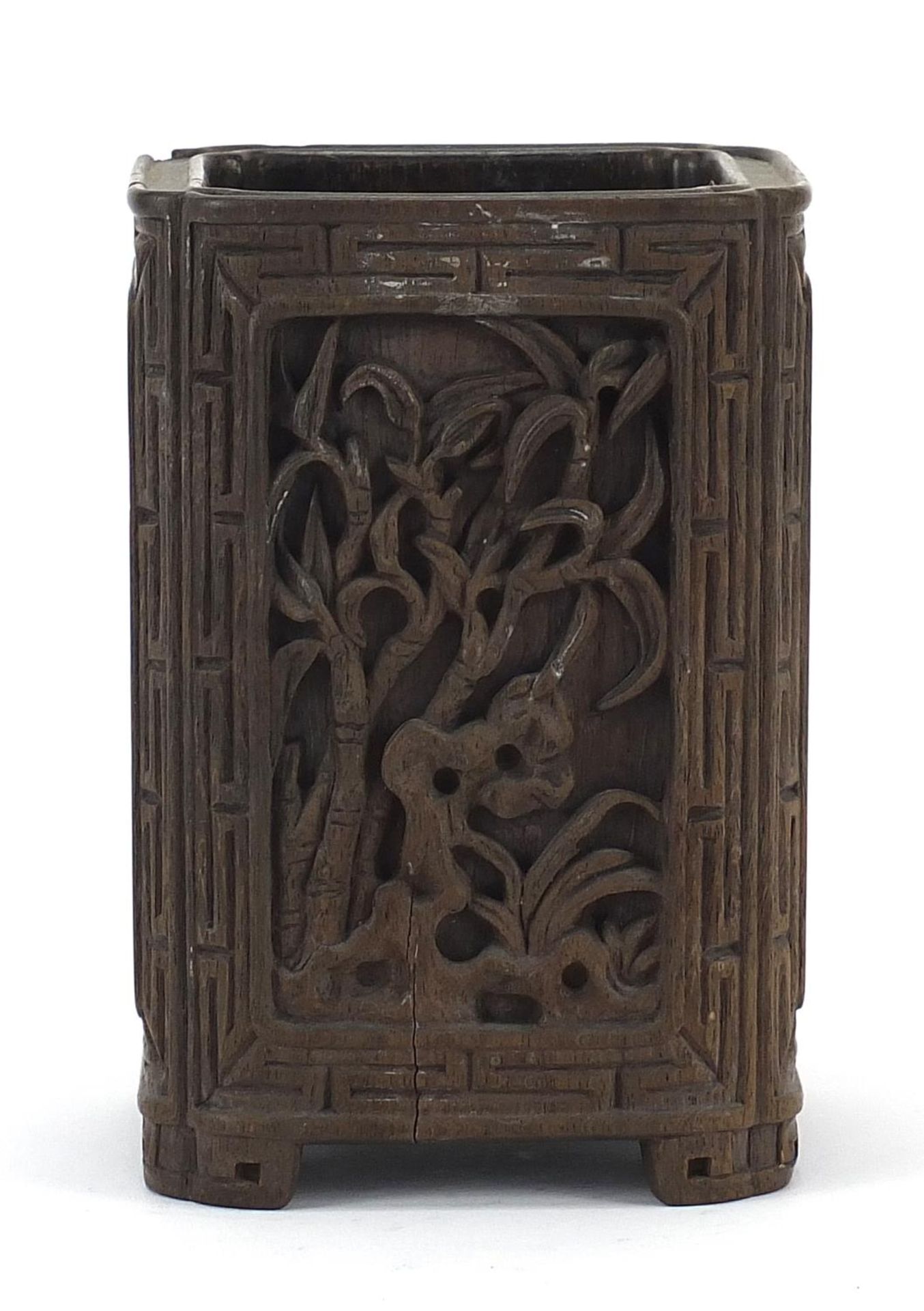 Chinese brush pot carved with panels of flowers, 14cm high - Image 3 of 7