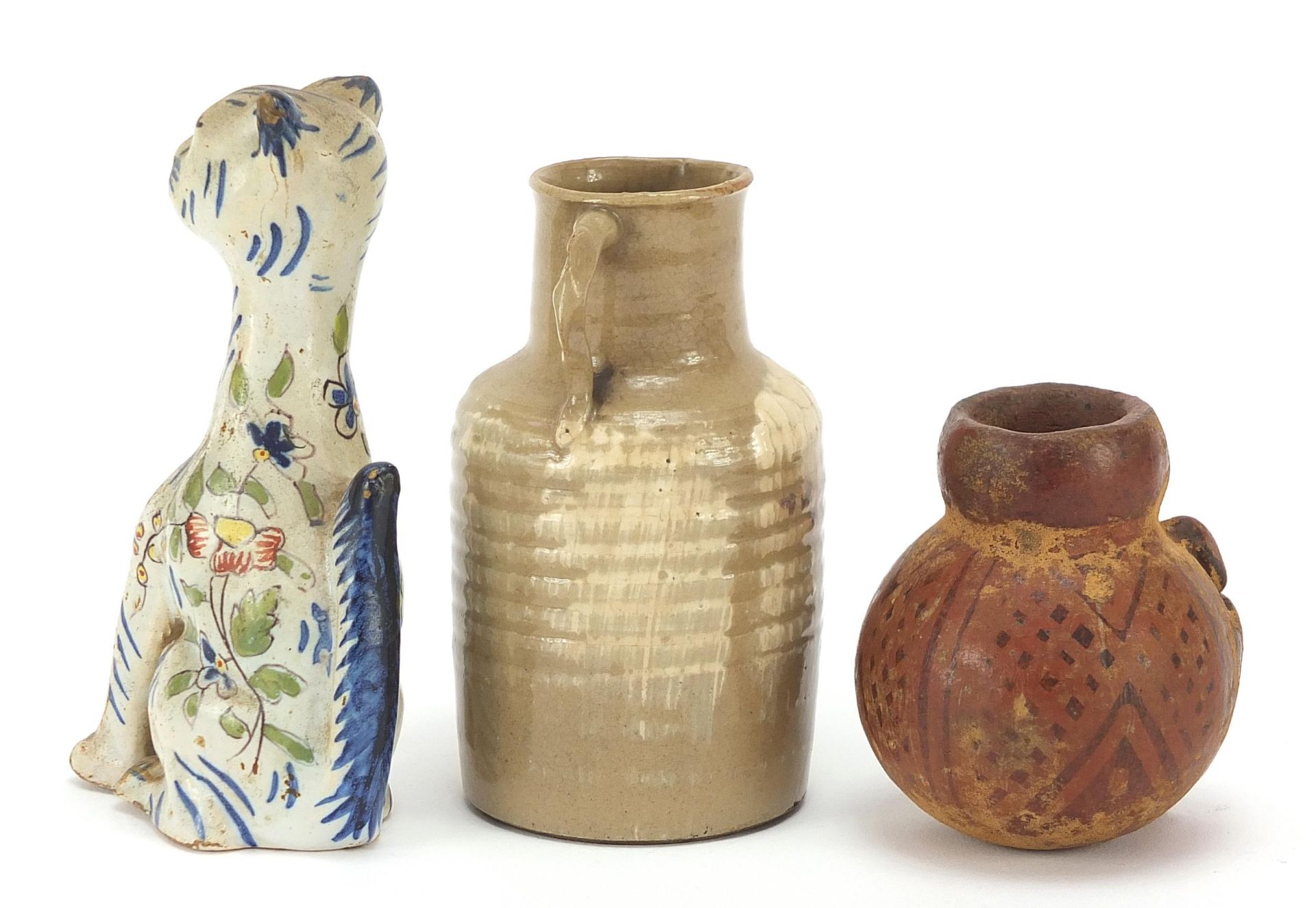 Pottery including a terracotta figural vase and Galle style faience glazed cat, the largest 12cm - Image 2 of 5