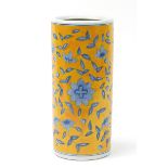 Chinese yellow and blue porcelain stick stand with blue flowers on the side, 48cm high