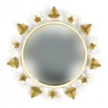 Wrought iron framed circular convex mirror, the wrought iron frame decorated with leaves, overall