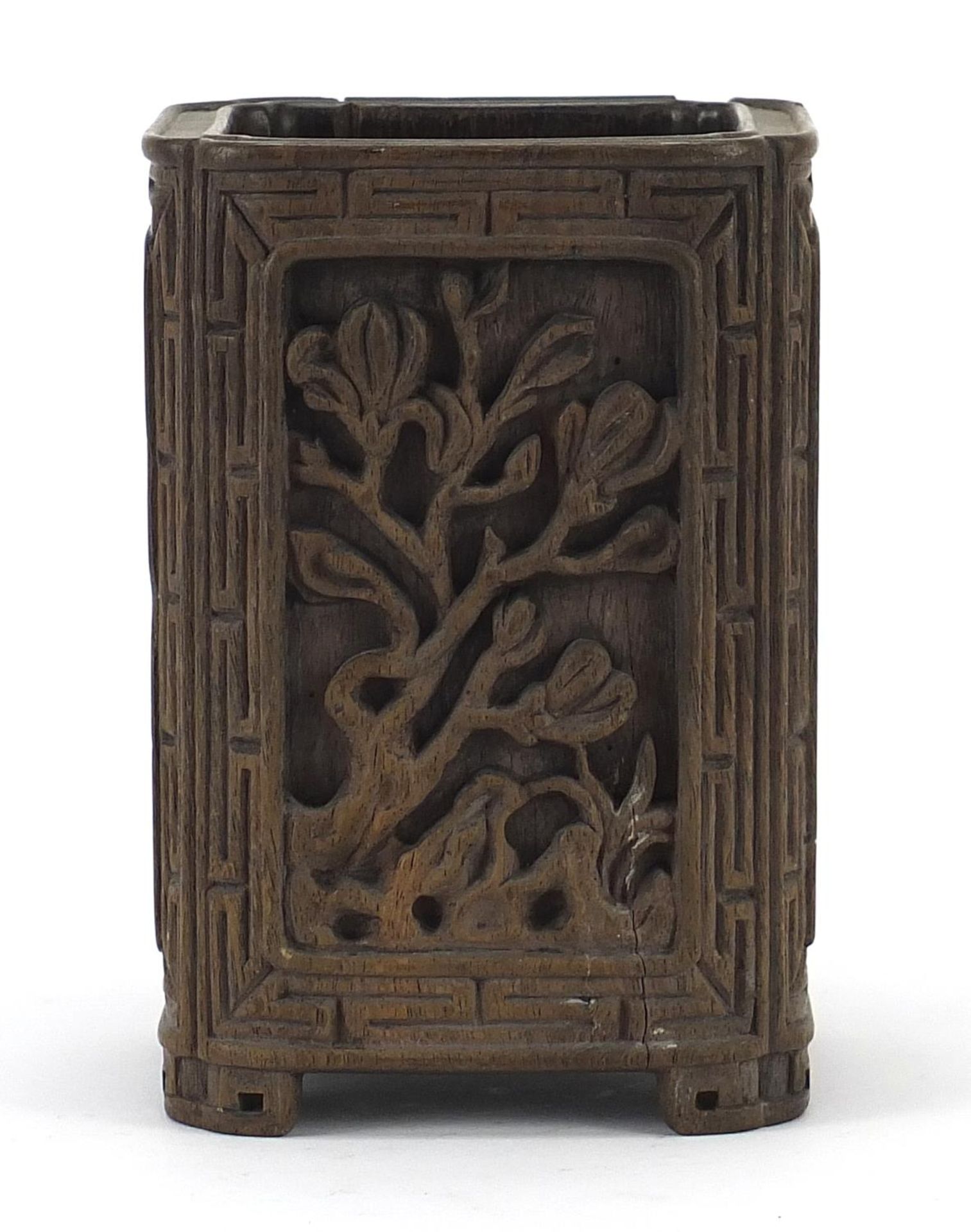 Chinese brush pot carved with panels of flowers, 14cm high - Image 4 of 7