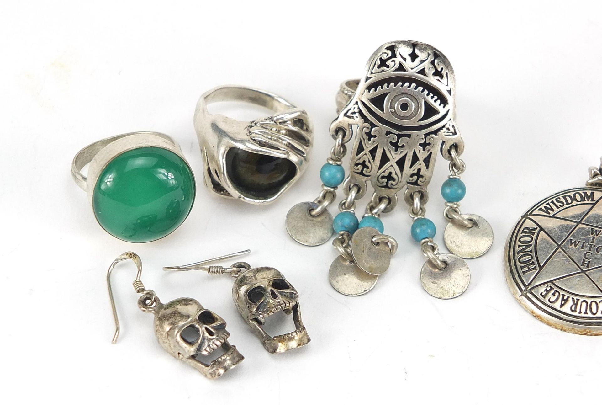 Silver jewellery including human skull design earrings, all seeing eye ring and pendant and a - Image 2 of 6