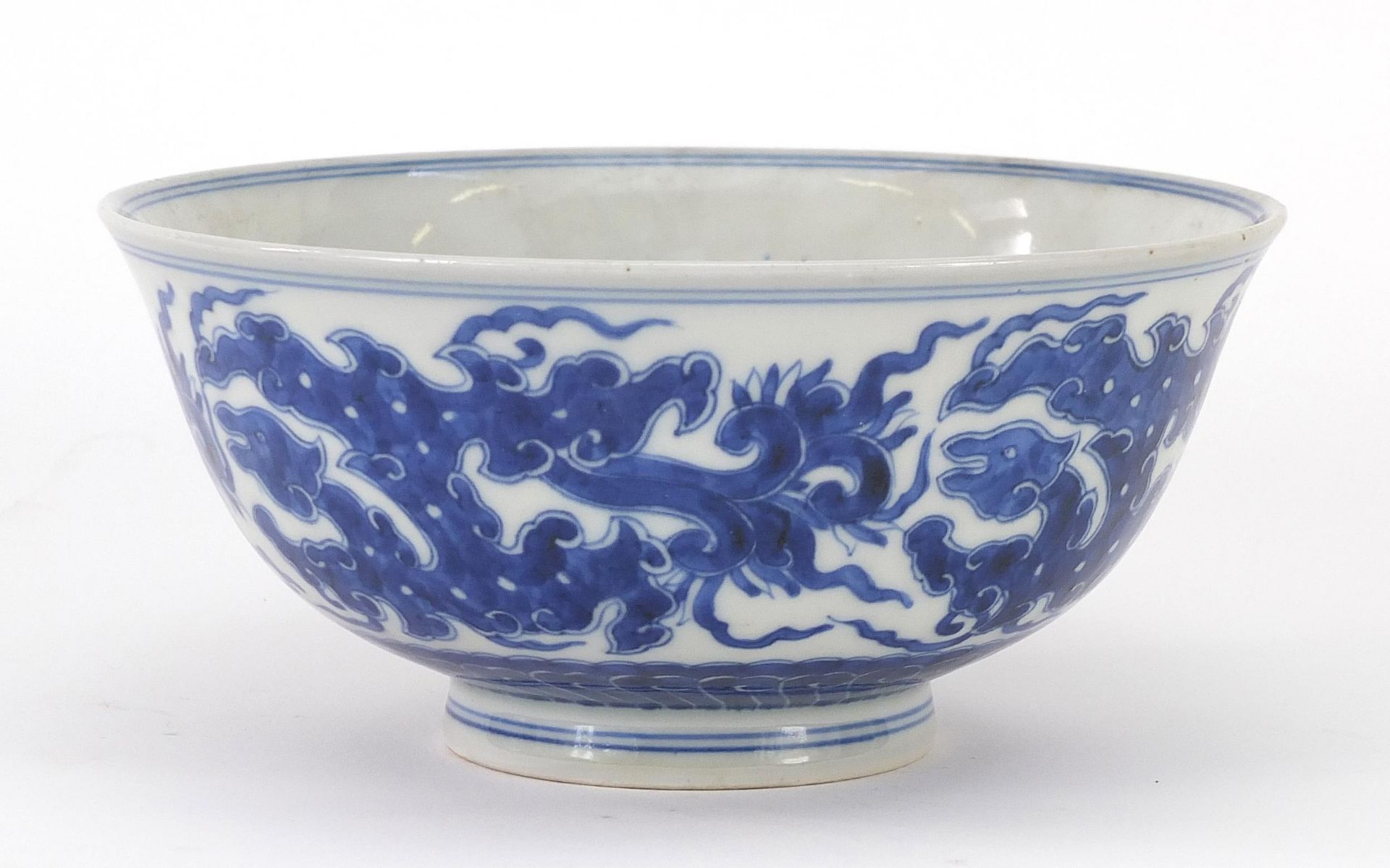 Chinese blue and white porcelain footed bowl finely hand painted with mythical animals above