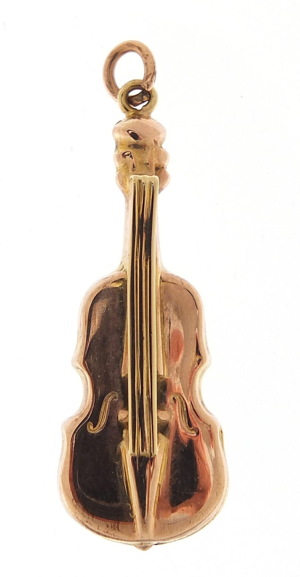 9ct rose gold violin charm, 3cm high, 1.8g