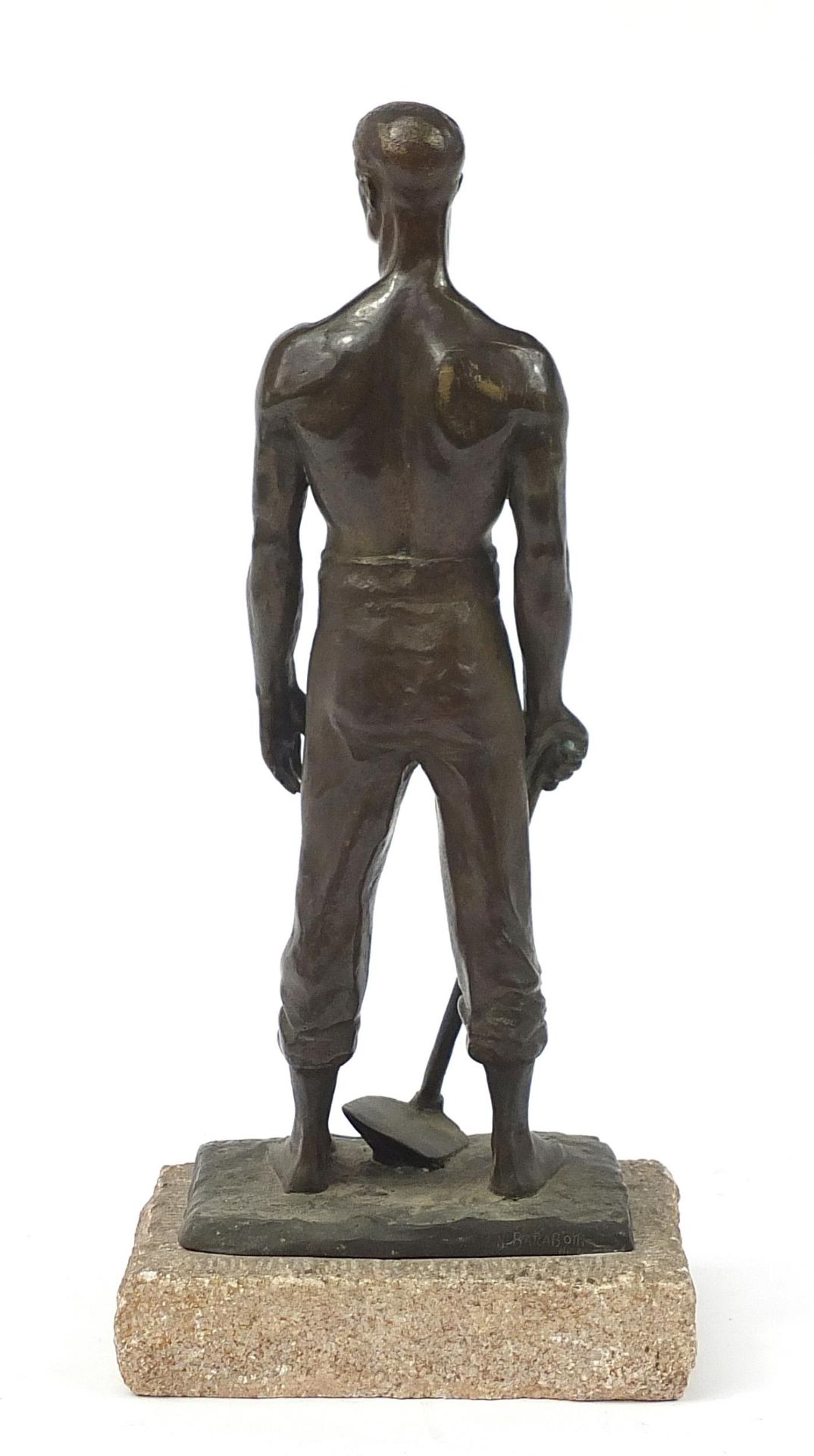 Industrial bronze figure of a workman holding a digging hoe signed N Barabotti, 43.5cm high - Image 3 of 5