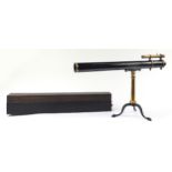 Broadhurst, Clarkson & Co single draw lacquered telescope with stand and fitted pine case, the