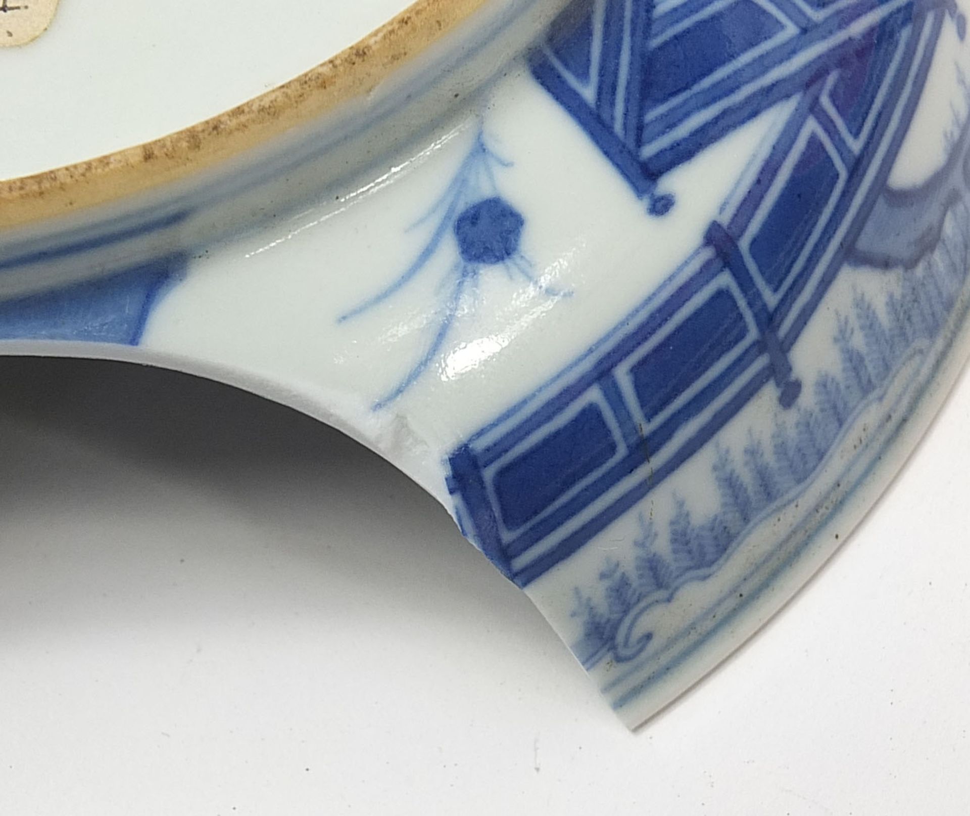 Chinese blue and white porcelain dish hand painted with flowers and figures in a palace setting, six - Image 9 of 10
