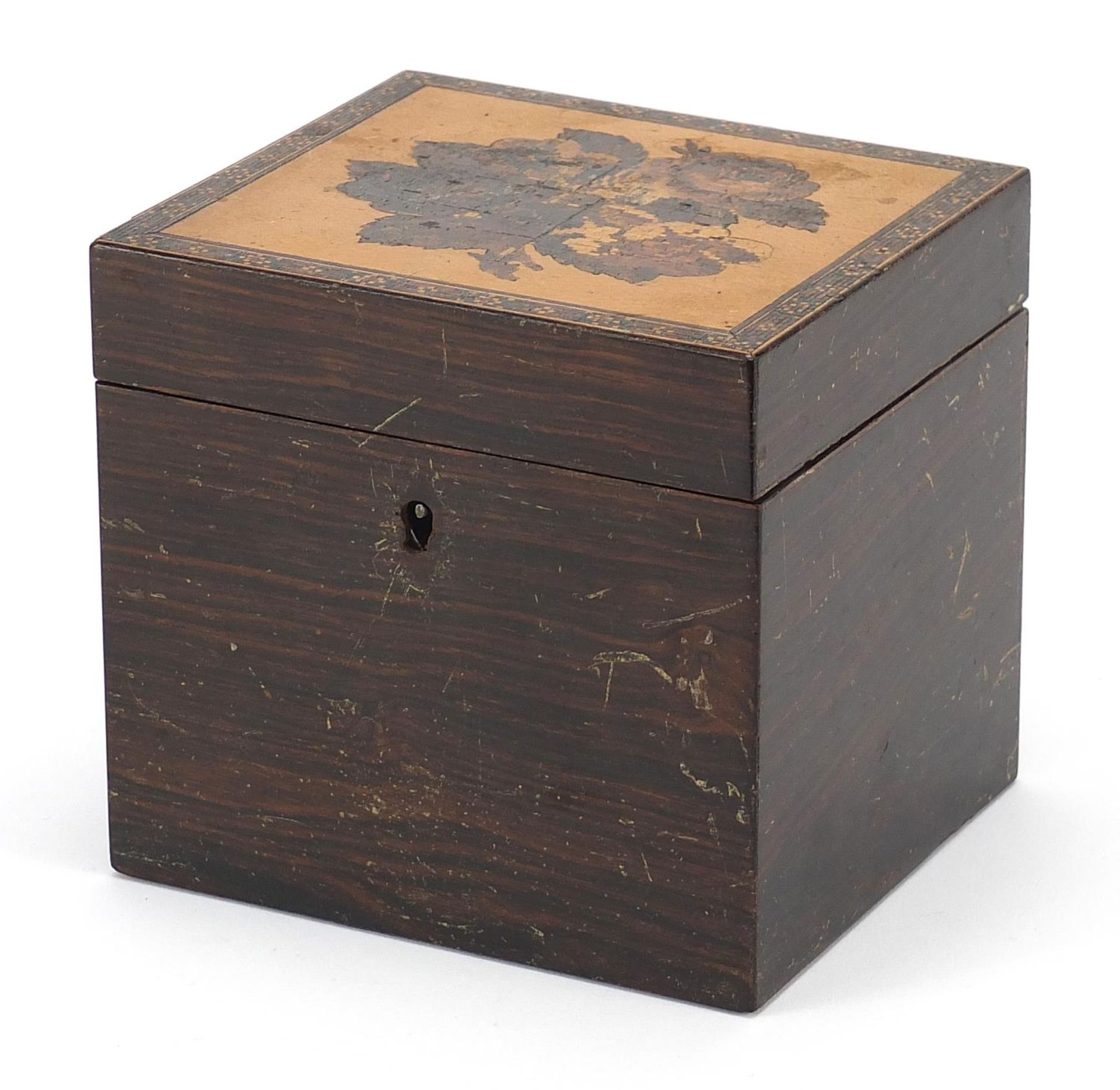 Victorian Tunbridge ware rosewood tea caddy with hinged lid having a floral inlay, 12cm H x 12cm W x