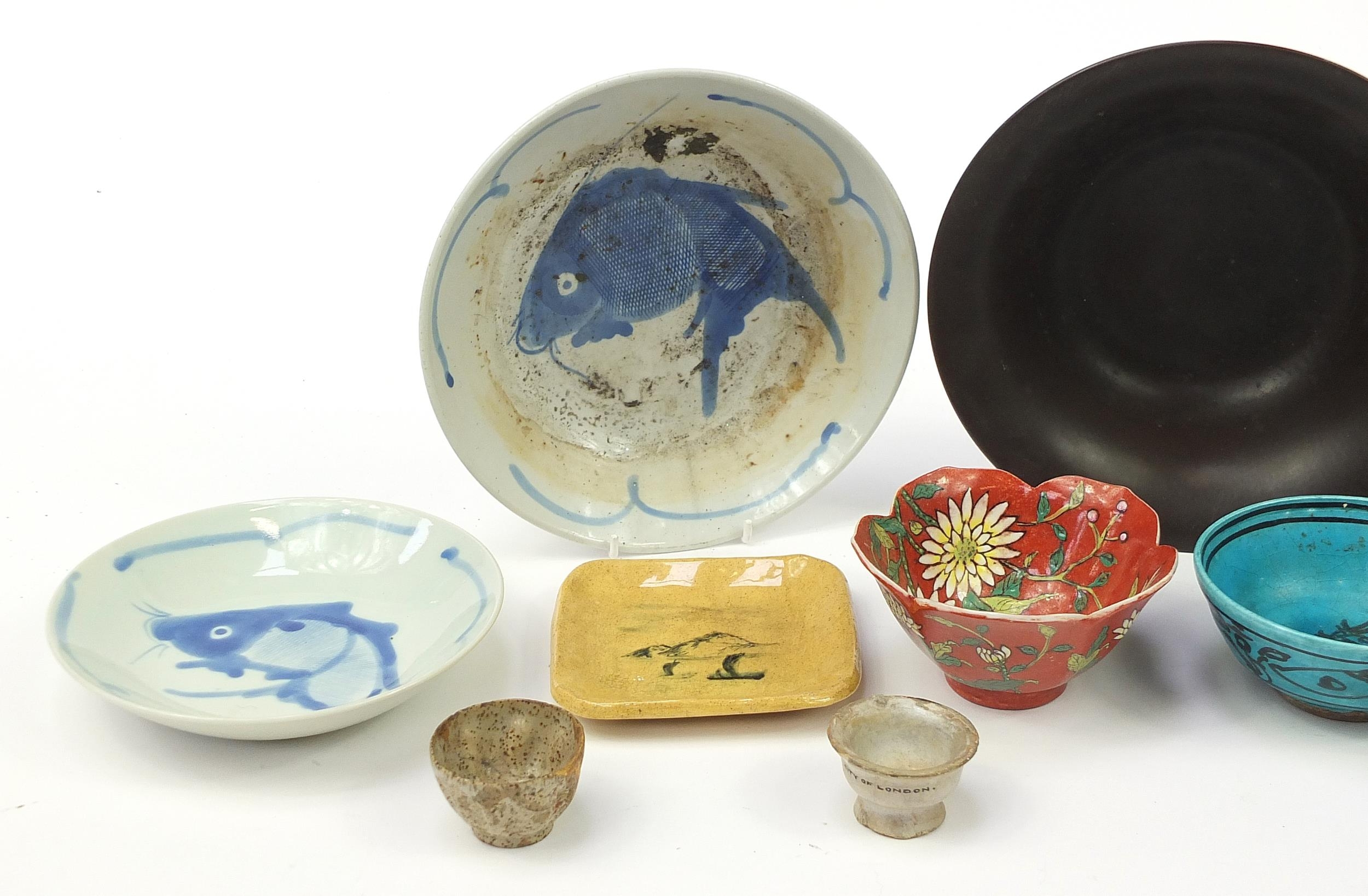 Chinese, Japanese and Persian ceramics including a blue glazed bowl hand painted with fish, the - Image 2 of 5