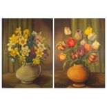 Still life daffodils and tulips in a vase, pair of oil on boards, framed, each 54cm x 41cm excluding