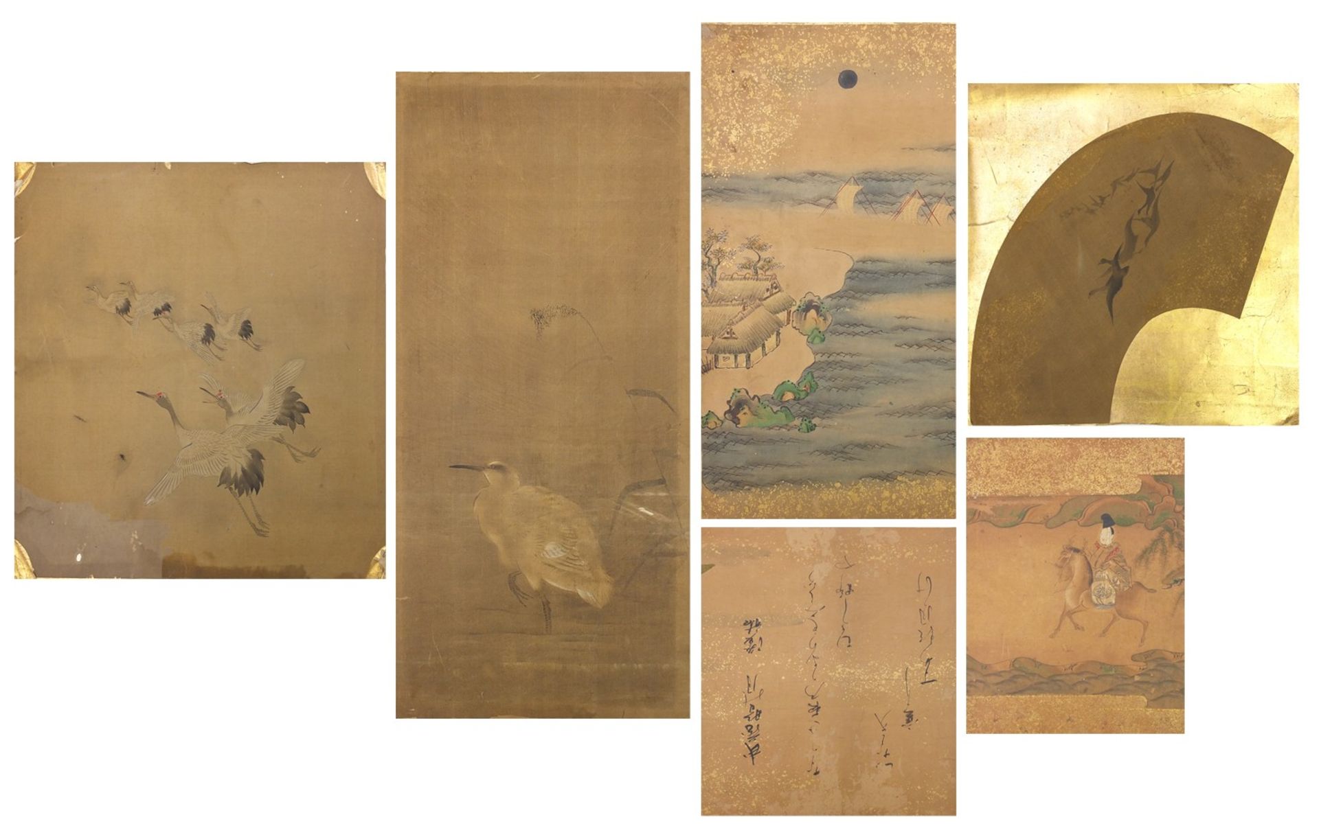 Six Chinese watercolours on paper including calligraphy, figures on horseback and birds, unframed,