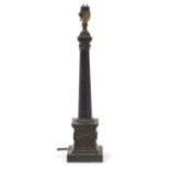 19th century bronze column candlestick converted to a table lamp, 42cm high