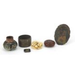 Japanese objects including an ivory toggle, mixed metal napkin ring and cloisonne vase, the