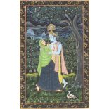 Hand painted Indian wall hanging depicting two people, a man and woman next to a tree with a