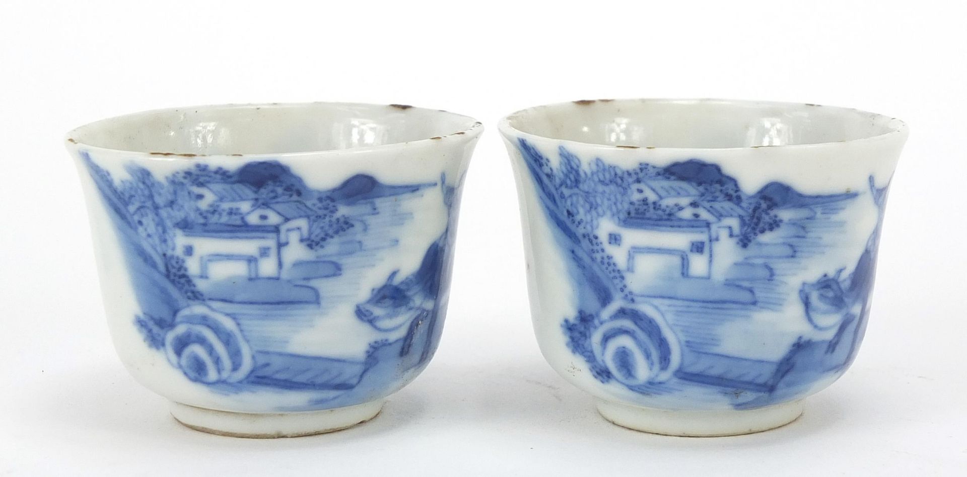 Pair of Chinese blue and white porcelain tea bowls, each hand painted with a figure on buffalo - Image 4 of 9