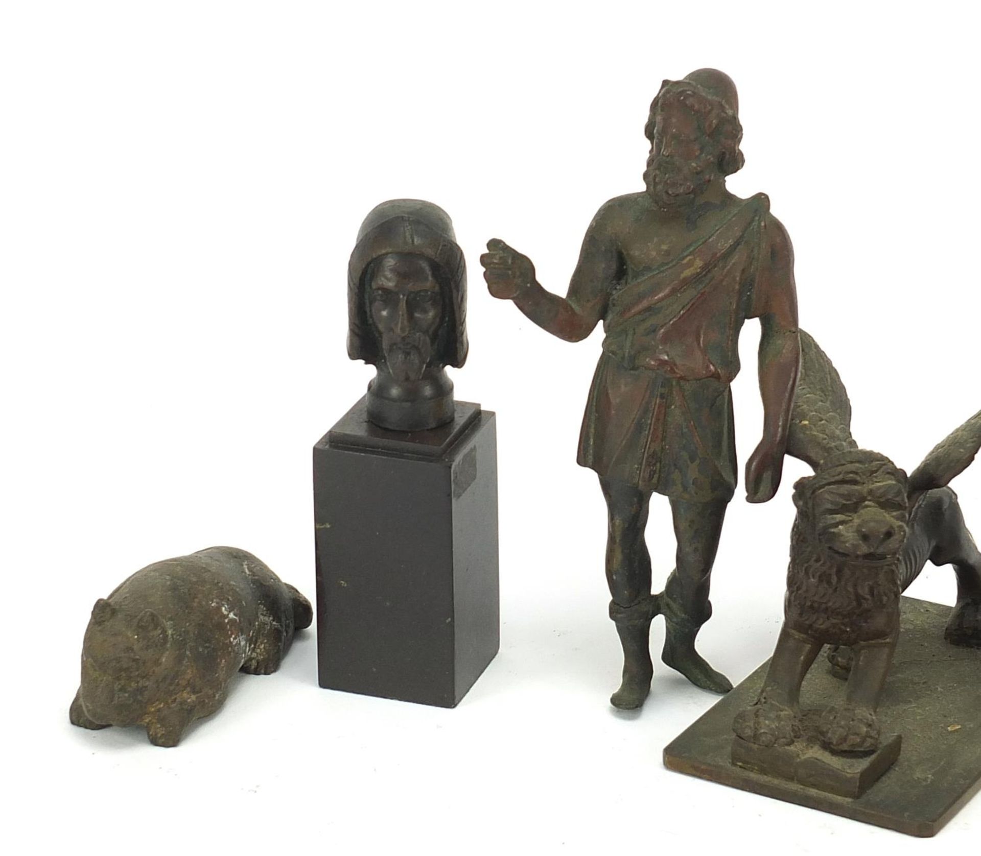 Antique Bronzes to include elephant, Greek figure, lion and a winged mythical beast, the largest - Image 2 of 5