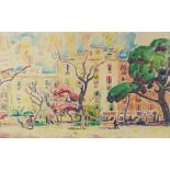 Trees and figures before buildings, Impressionist watercolour, indistinctly signed, possibly ...