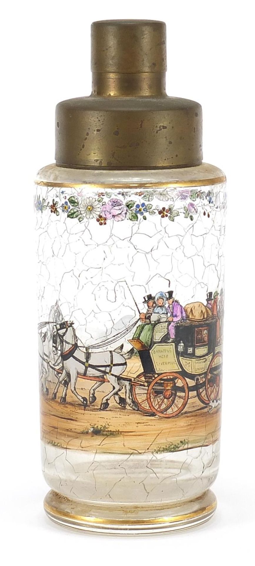 Early 20th century glass cocktail shaker having a picture of a four horse drawn carriage, the shaker