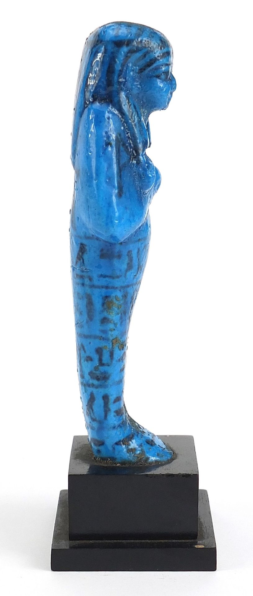 Egyptian blue faience glazed stone ushabti hand painted with hieroglyphics, raised on a later - Image 5 of 7