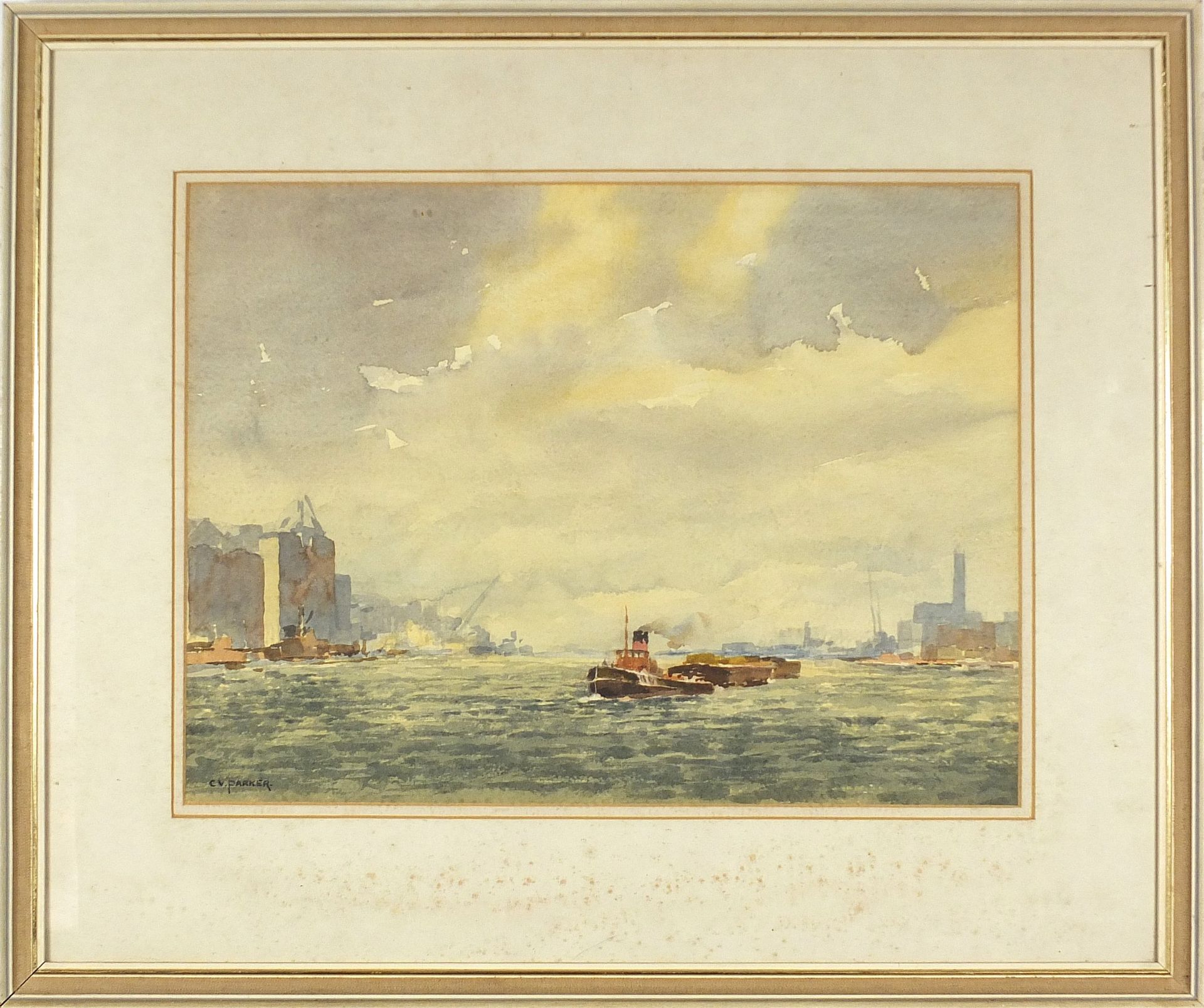 C V Parker - Off Rotherhithe, watercolour, The Wapping Group of Artists label verso, mounted, framed - Image 2 of 3