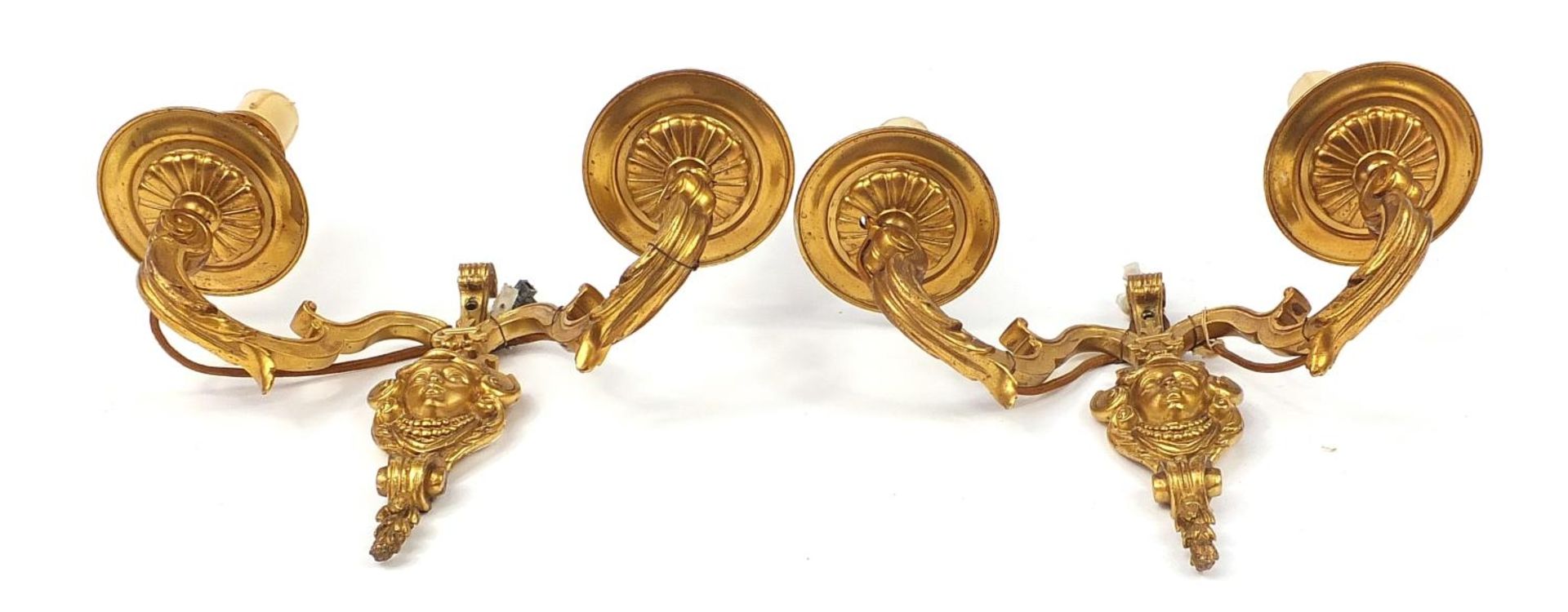 Pair of French style two branch gilt metal wall sconces with masks, 29cm high x 29cm wide - Image 4 of 4