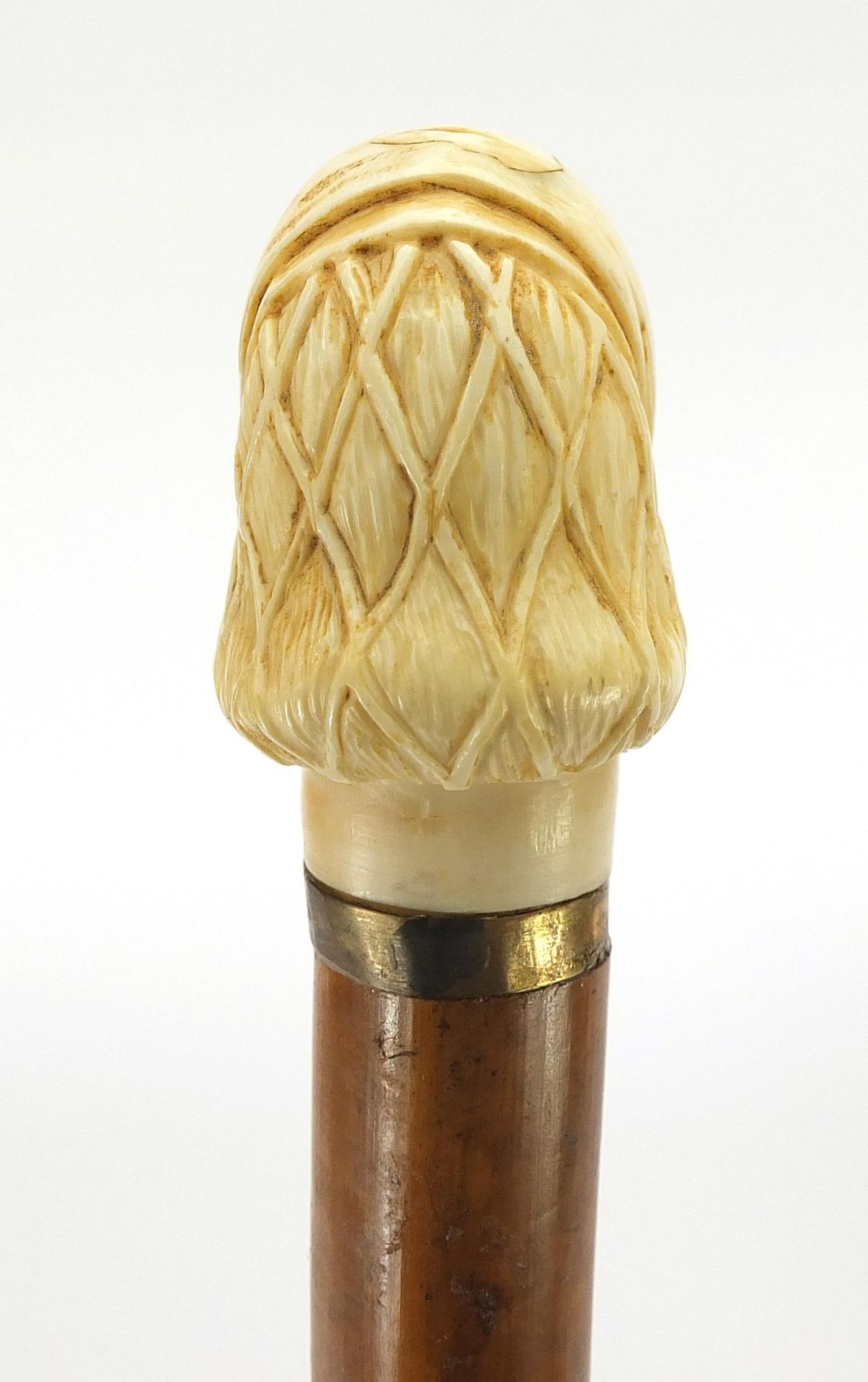 Hardwood and ebony walking stick with carved ivory pommel in the form of a lady's head, 90cm in - Image 8 of 8