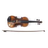 Old wooden violin with one piece back, bow and case, the violin bearing a Johann Georg Meifel